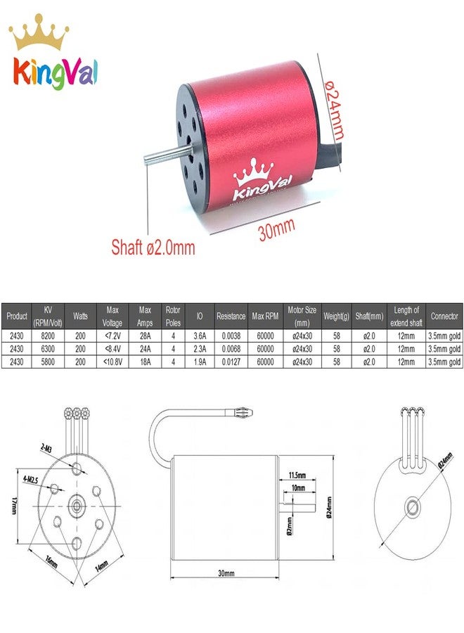 KingVal Replacement 2430 6300KV Waterproof Brushless Motor Shaft 2.0mm Compatible with 1/16 1/18 RC Car - Image 2